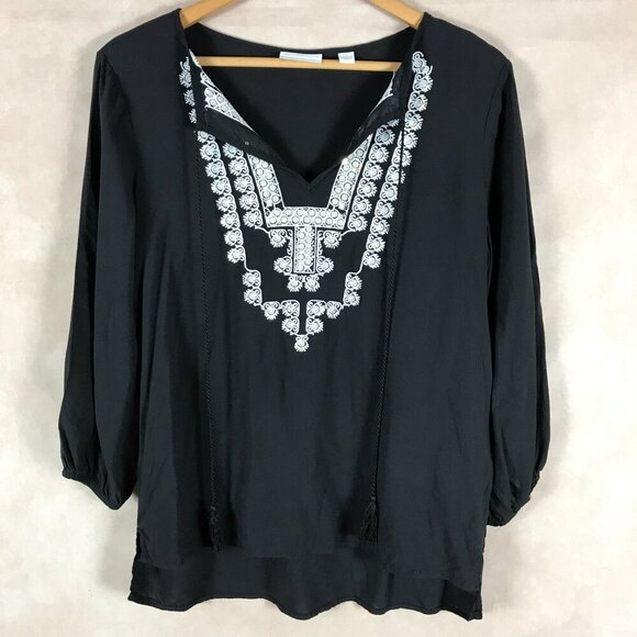 NEW YORK & CO Black Embroidered Boho Top SMALL - Picture 1 of 5